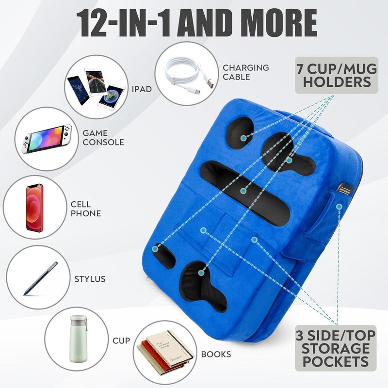 TabCouchCaddy Couch Cup Holder Tray Pillow - Bed, Couch Caddy, Sofa, RV & Car - Holds Drinks, Snacks, Remotes, Phones, Kindle, Tablet | Bed Cup Holder (Blue) - Image 5
